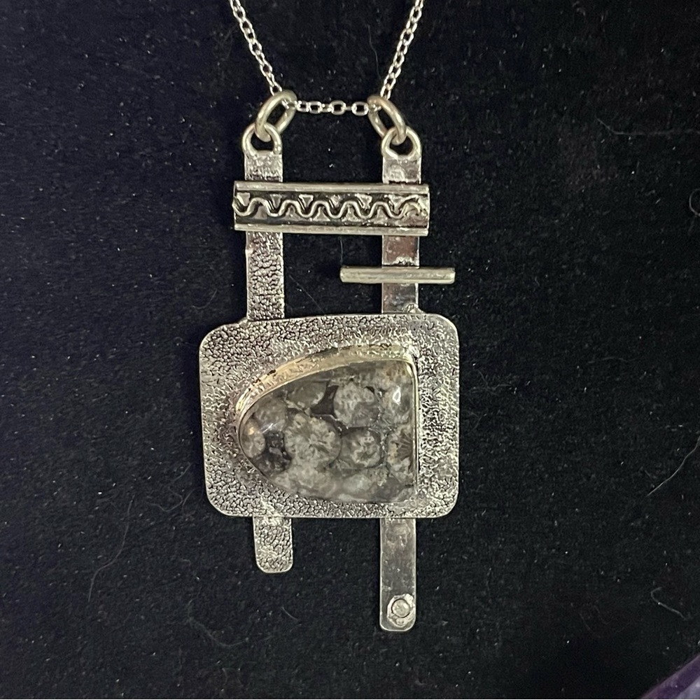 New 925 Sterling Silver Turritella Agate Coral Fossil Artisan Geometric Necklace - Picture 8 of 17